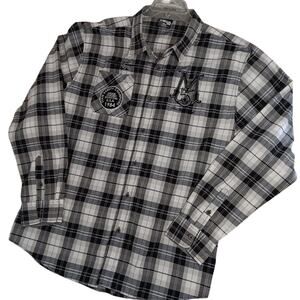 Mecca USA Vintage Shirt Mens 3XL Black/White Patches Plaid Street Logo Button Up